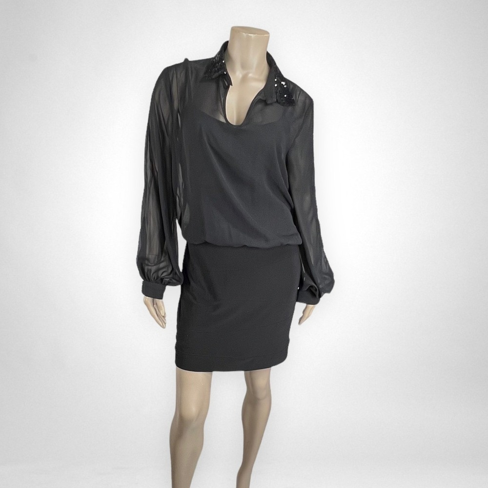 BISOU BISOU Sequin Collar Long Sleeve Blouson Black Dress‎ 12